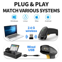 Xincode 1D Lector de código de barras inalámbrico de mano 2,4G Lector de código de barras USB 1D Escáner de código de barras COMS Pistola de escaneo para código de barras de papel