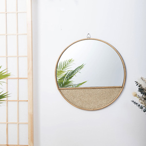 Round <b>Wall</b> <b>Mirror</b> With Wooden Frame And Woven Bottom Half For Nordic Home Decor Living Room Bedroom Entryway - Product Image 2