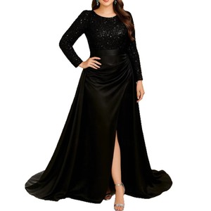 Vestido de Noche para Mujer, Manga Larga, Cuello Redondo, Lentejuelas, Satén, Abertura Lateral, Maxi, Ecológico, Natural, Formal, para Fiesta, Boda, Banquete, Elegante, Talla Grande - Product Image 5