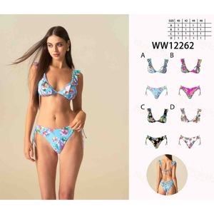 HDJ Conjunto de bikini floral para mujer, talla grande, top halter con lazo lateral y volantes, traje de baño WW12262 - Product Image 1