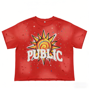 Camisetas de hombre personalizadas con apliques, efecto desgastado, lavado ácido, pedrería, vintage, cortas, con efecto descolorido por el sol y corte holgado - Product Image 1