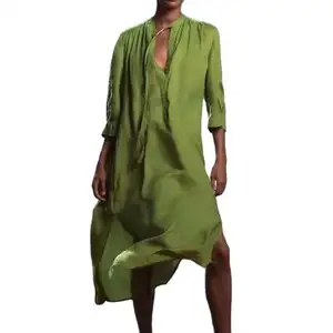 Vestido largo de lino de manga corta para mujer, traje informal elegante retro de alta calidad con lazo verde decorado para verano, SH754, 2022