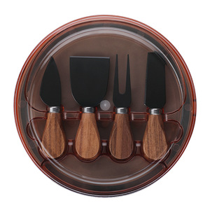 Set di Coltelli per Formaggio con Manico in Noce e Lame in Acciaio Inox, 4 Pezzi con Tagliere e Forchetta, Scatola Rotonda per Conservazione - Product Image 6