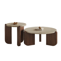 Ensemble de tables basses rondes en travertin style Wabi-Sabi du milieu du siècle, table à thé vintage en bois massif pour appartement, petit salon ou maison d'hôtes
