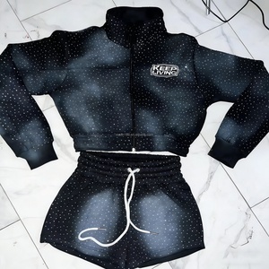 Crop Zipper <b>Jacket</b> and Shorts Two Piece Set Clothing Manufacturers Custom logo High Quality <b>Rhinestones</b> Sweatsuit Set Women - Product Image 1