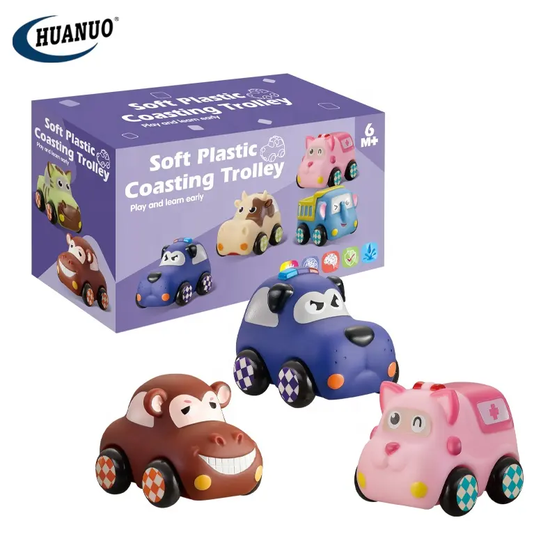 Mainan Bermain dan Belajar Awal 3 Buah Mobil Kartun Lembut Plastik Lembut Mobil Balap Troli untuk Bayi