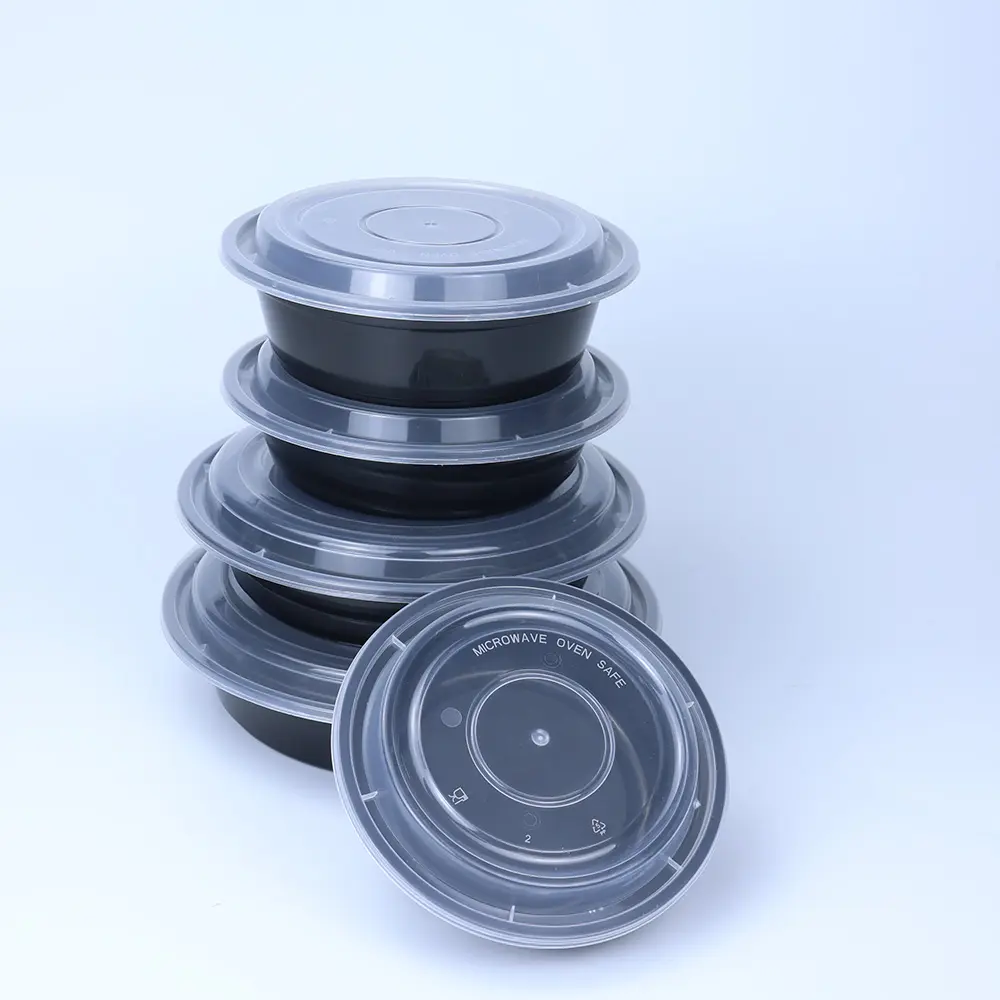 900ml/ 32oz 블랙 라운드 일회용 플라스틱 식품 점심 포장 파티 용기 상자 뚜껑 그릇