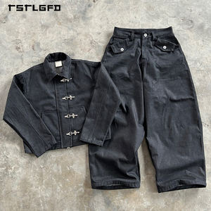 Set Jaket dan Celana Jeans Baggy Raw Denim Mewah Berkualitas Tinggi dengan Logo Custom, Gaya Streetwear, Motif Pemadam Kebakaran, dan Gesper Pengaman - Product Image 1