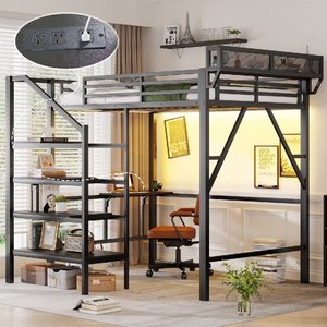 Letto Moderno a Tutta Grandezza per Dormitorio con Struttura in Metallo, Scrivania Pieghevole, Stazione di Ricarica, Striscia LED e Scala con Vano Portaoggetti per Uso in Camera da Letto - Product Image 1