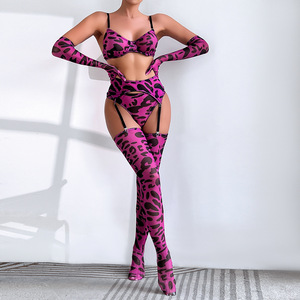Ensemble de Lingerie Sexy à Imprimé Léopard pour Femmes Robe de Bal Patchwork en Maille 3 Pièces avec Kit de <span class=keywords><strong>Jarretière</strong></span> Sous-Vêtements Érotiques - Product Image 1