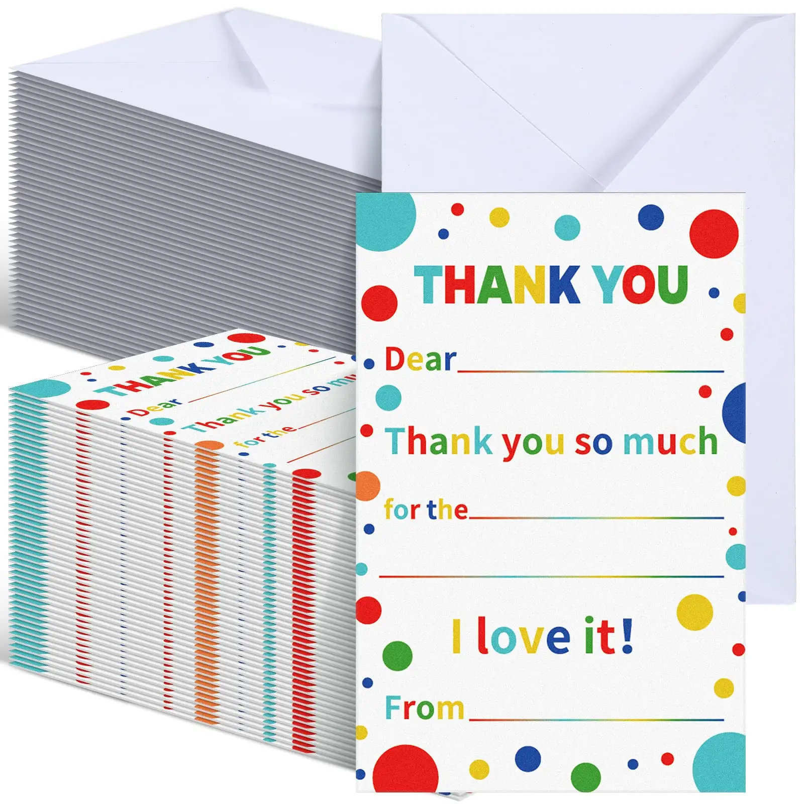 Myway 200 Pcs Kids Thank You Card with Envelopes Fill in the Blank Thank You Notes Rainbow Postcard