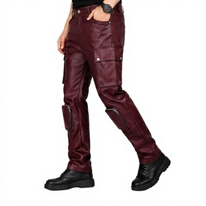 Pantalones Casuales de Cuero Genuino para Hombre, Color Borgoña, Corte Ajustado, Múltiples Bolsillos, Estilo Motociclista, Punk, Hip Hop, Tácticos - Product Image 4