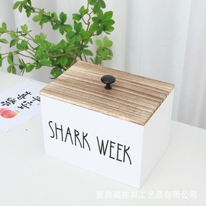 Wooden Desktop Storage Box With Lid Shark Week Engraving Organizer For <b>Tissue</b> <b>Paper</b> Sanitary Napkin Home Office Decoration - Product Image 3
