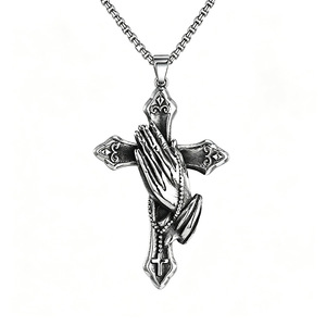 Collier avec pendentif croix mains en prière en acier inoxydable, bijoux vintage punk hip hop - Product Image 1
