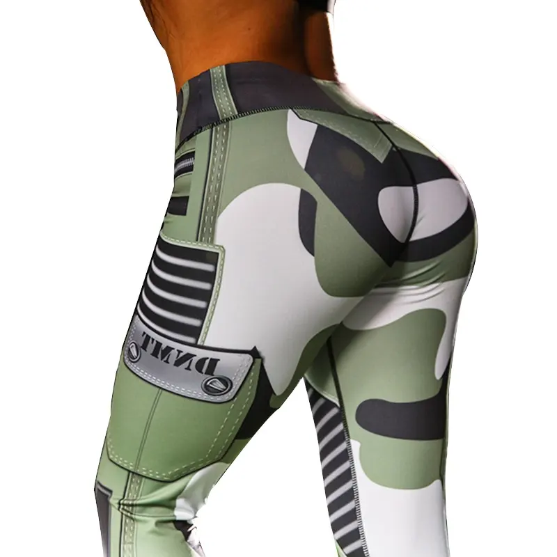 3D dijital baskı ordu yeşil cep kamuflaj tozluk yüksek bel moda pantolon Hip şınav spor elastik tayt 2019