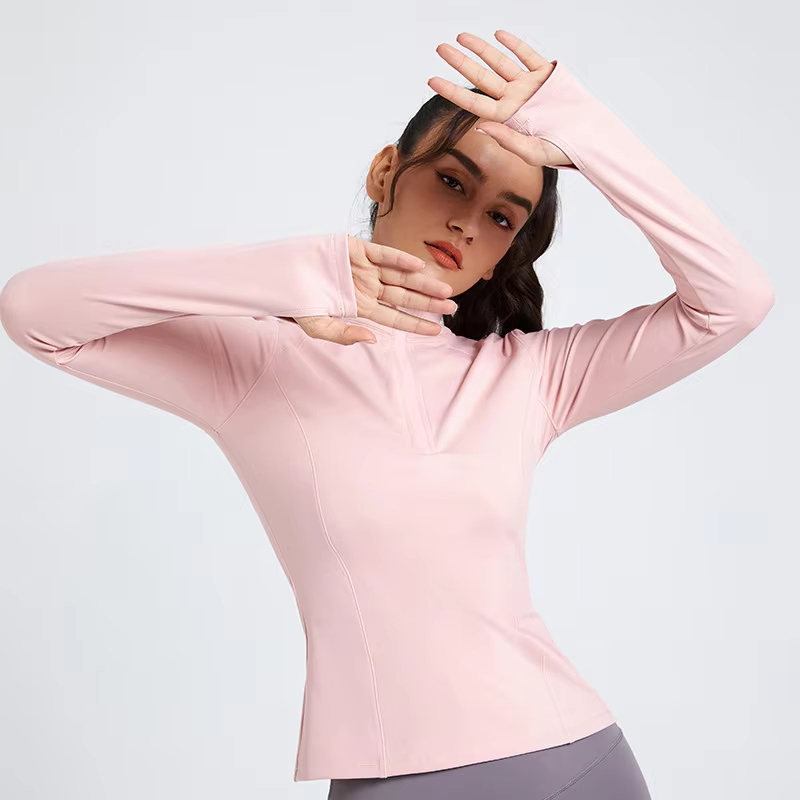 Wholesale Women's High Stretch Stand Collar Yoga Top Slim Fit Half Zip Long Sleeve Running Jacket with Thumb Holes