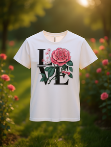 T-shirt da donna bianca con stampa Rose Love Letter, manica corta, girocollo, top casual floreale in jersey di cotone, lavabile in lavatrice - Product Image 2