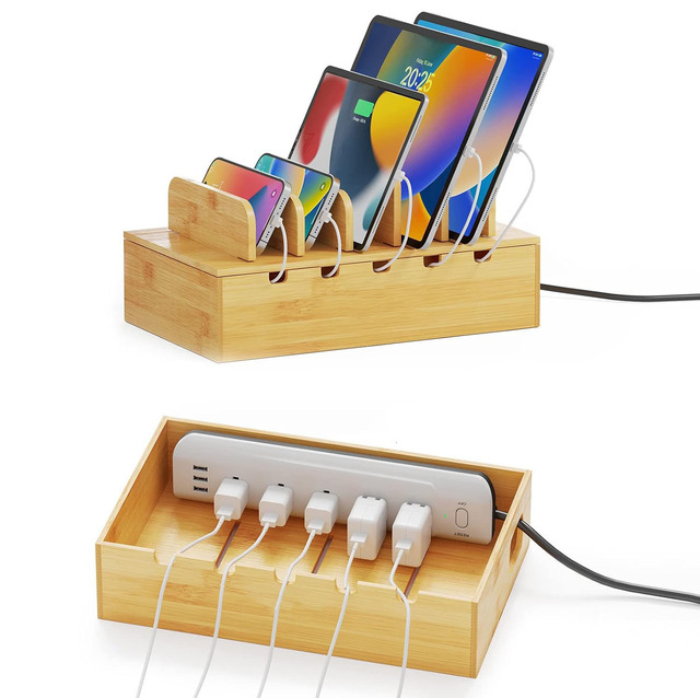 Bamboo Charging Station for Multiple Devices Bamboo Charging Station Holder Docking Stand Electronic Organizer for Multi Devices