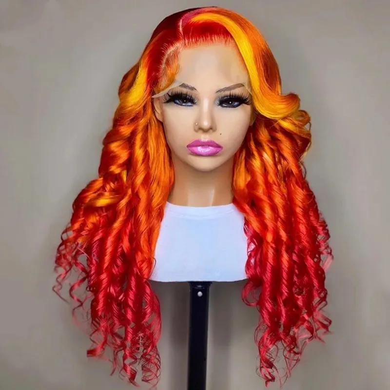 Free Sample Highlight Yellow Orange Color Cuticle Aligned Virgin Human Hair Lace Front Wigs