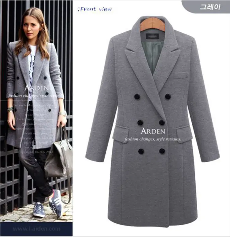 Zweireihiger Woll-Damen mantel Lange Uni-Jacke Wollstoff Herbst und Winter Mittellang Plus Size Printed Thick 1 Pc
