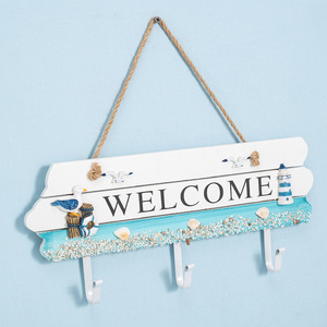 Welcome Sign Coat <b>Hooks</b> <b>Wall</b> Mounted 33x15x85cm Pine Wood With Seashell Design For Entryway And Foyer Decorative Hanger - Product Image 1