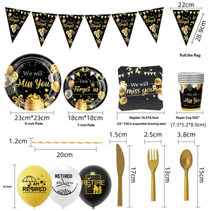 Assiettes, serviettes et gobelets noirs et dorés sur le thème <span class=keywords><strong>de</strong></span> la <span class=keywords><strong>retraite</strong></span> pour 10 invités pour célébrer la fête <span class=keywords><strong>de</strong></span> la <span class=keywords><strong>retraite</strong></span> - Product Image 2