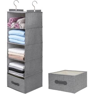 Hanging Closet Organizer 6-Shelf With <b>Drawer</b> Dark Gray Foldable <b>For</b> Clothing Bedroom <b>Storage</b> - Product Image 1