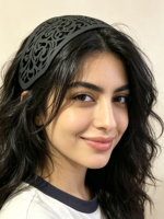 Bandeau Hijab Femme Noir Géométrique en Nylon Sablé Mat, Élégant, Durable, de Haute Qualité, Creux, pour le Front, pour Mariage et Tenue Musulmane