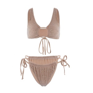 Ensemble de bikini en maille beige personnalisé avec strass, maillot de bain sexy à col rond, deux pièces à nouer sur le côté, fabricant OEM - Product Image 1