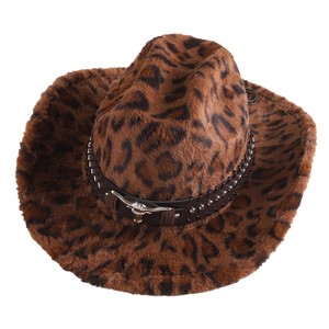 ZhenXi Leopard Print Plush Cowboy <b>Hat</b> M56-58cm With Bull Head <b>Band</b> Western Fashion <b>Hat</b> - Product Image 5