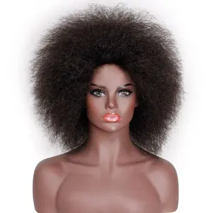 Penjualan Laris Wig Rambut Sintetis Keriting Ikal Ikal Puff Afro Hitam untuk Wanita Mesin Keriting Keriting Dibuat untuk Wig Rambut Sintetis