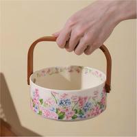 Vente en gros de bols de service en céramique vintage à motifs floraux avec poignée en bois, panier à fruits/panier de rangement en céramique pour la maison, la cuisine, le restaurant, l'hôtel