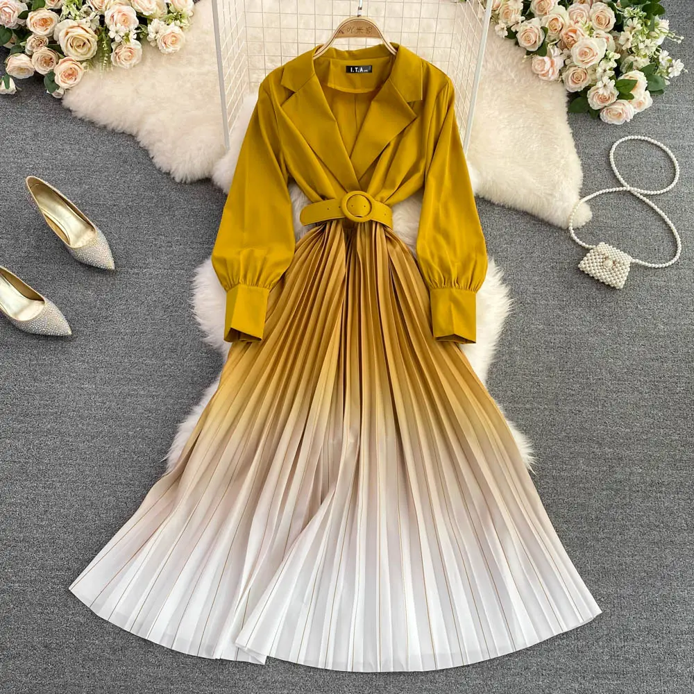Autumn Gradient Dress Women Notched Long Sleeve Belted Tunic Slim Pleated Suit Dress Ladies Office Dresses