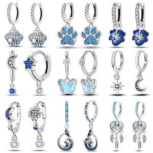 Pendientes de Plata de Ley 925 con Circonita Azul, Diseño de Estrella, Luna y Mariposa, Forma Irregular, Certificados por GDTC, Románticos y Elegantes para Mujer - Product Image 1