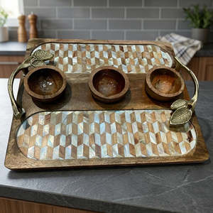 Plateau de service en bois LORD avec 3 bols, incrustation de nacre, poignée en laiton, plateau décoratif pour collations, pour service à table - Product Image 4