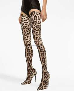 Bottes Léopard Montantes Classiques à Bout Effilé en Peau de Chèvre avec Talon Aiguille Haut, Motifs Logo, Bottes Cuissardes pour Femme - Product Image 3
