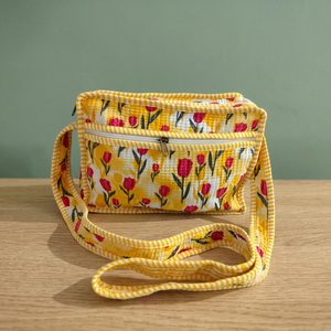 Nouveaux sacs en coton écologiques de couleur jaune, légers, sacs de shopping d'été, sacs à bandoulière faits à la main, imprimés en bloc, matelassés, sacs pratiques avec poches - Product Image 1