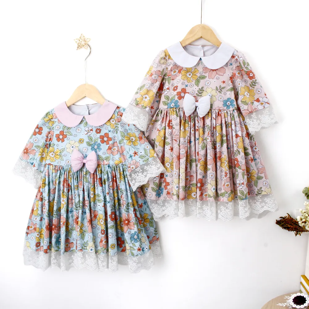 Wholesale Causal Soft Cotton Girls' Dresses Printed Lace Sleeve Dress Doll Collar Girl Summer Dress