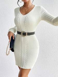 Vestido Curto Elegante OEM de Malha Canelada com Manga Longa e Decote V - Product Image 6