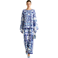 Ensemble haut ample à col carré et pantalon large imprimé porcelaine bleu et blanc, style été luxe léger haut de gamme - Élégant et tendance