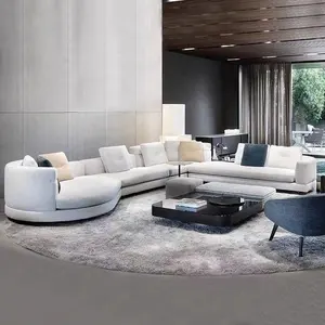 Set Sofa Linen Putih Bentuk U Mewah, Sofa Ruang Tamu Bagian Sudut Modern