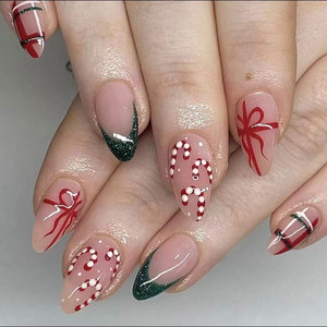 100% hecho a mano 10 Uds prensa de Navidad en <span class=keywords><strong>uñas</strong></span> cuadradas <span class=keywords><strong>cortas</strong></span> con diseños de dulces Navidad rojo brillo <span class=keywords><strong>uñas</strong></span> cubierta completa palo en las <span class=keywords><strong>uñas</strong></span> - Product Image 1