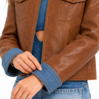 Veste en jean synthétique marron pour femme, style trucker, col patchwork, fermeture éclair, hip-hop, automne-hiver, vente en gros