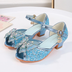 Sandalias de lentejuelas para niña, para fiesta de bodas, con tacón alto, pedrería brillante, lazo, zapatos de princesa - Product Image 3