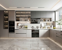 Cuisine modulaire moderne éco-responsable Lesso Home Premium avec armoires en verre acrylique et accents en marbre, robinet et évier - Cuisine préfabriquée