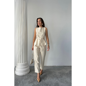 Conjunto de lino Massimo para mujer, top y pantalones sin mangas en color beige, talla S, estilo minimalista elegante - Product Image 6