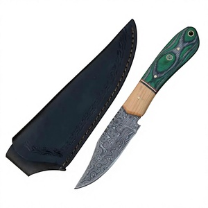 Couteau de chasse à lame fixe en acier Damas, pointe en U, manche vert, couteau de survie pour extérieur avec étui en cuir - Product Image 5