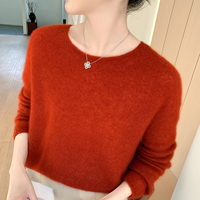 Pulls en maille ODM Fluffy 12gg, écologiques, bleu clair, de luxe, de haute qualité, en mohair et alpaga, coupe ample, col bateau, style décontracté