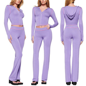 Huili ชุดเสื้อผ้า2ชิ้นสำหรับผู้หญิงเสื้อและกางเกงกีฬารัดรูปมีซิปมีฮู้ดเนื้อผ้านุ่มระบายอากาศได้ดี - Product Image 2