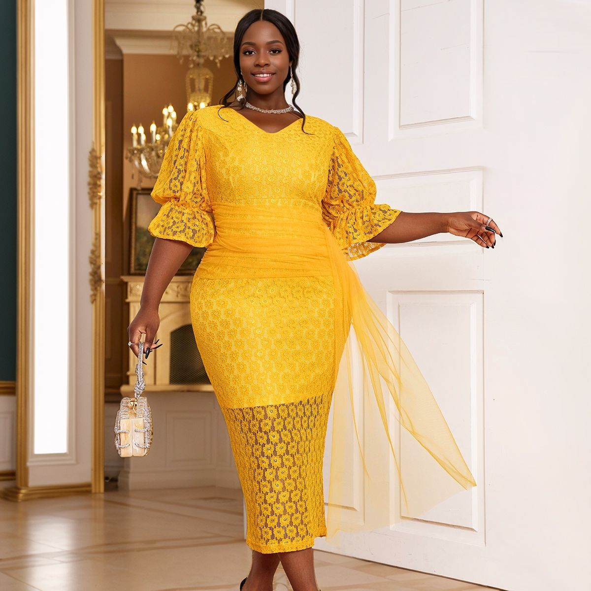 Women's New Yellow Style Interlaced Design Pleated Style Flare Sleeves Mid Length Dress| Alibaba.com Women's New Yellow Style Interlaced Design Pleated Style Flare Sleeves Mid Length Dress| Alibaba.com